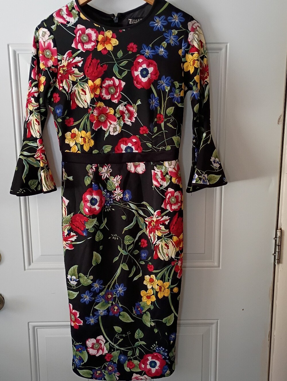 Black Floral Sheath Dress with Bell Sleeves. 7th Avenue Design Studio New York